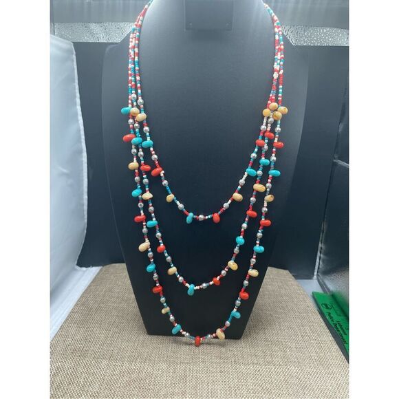 Multicolored 3 Strand Beaded Necklace Lobster Claw Clasp Southwestern Boho - Picture 1 of 8